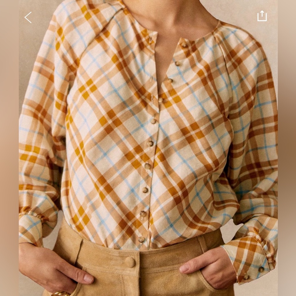 Sezane Plaid Button-Down Shirt in Cream, Tan and Light Blue NWT